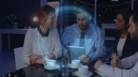 Discussing data with digital animation overlay, business team in evening meeting. Technology, innovation, teamwork, collaboration, strategy, analysis - Powered by Shutterstock - Get 15% off with code: PIKWIZARD15