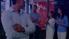 Discussing data analytics, business team using animation overlay in office setting. teamwork, collaboration, innovation, strategy, technology, visualization - Powered by Shutterstock - Get 15% off with code: PIKWIZARD15