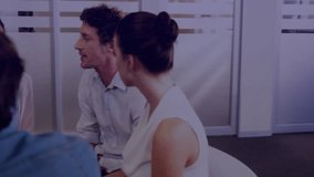 Business team discussing strategy with digital data processing animation overlay. Teamwork, collaboration, technology, innovation, analytics, corporate - Powered by Shutterstock - Get 15% off with code: PIKWIZARD15