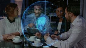 Business team discussing with digital globe and data animation overlaying scene. Collaboration, innovation, technology, global, strategy, analysis - Powered by Shutterstock - Get 15% off with code: PIKWIZARD15