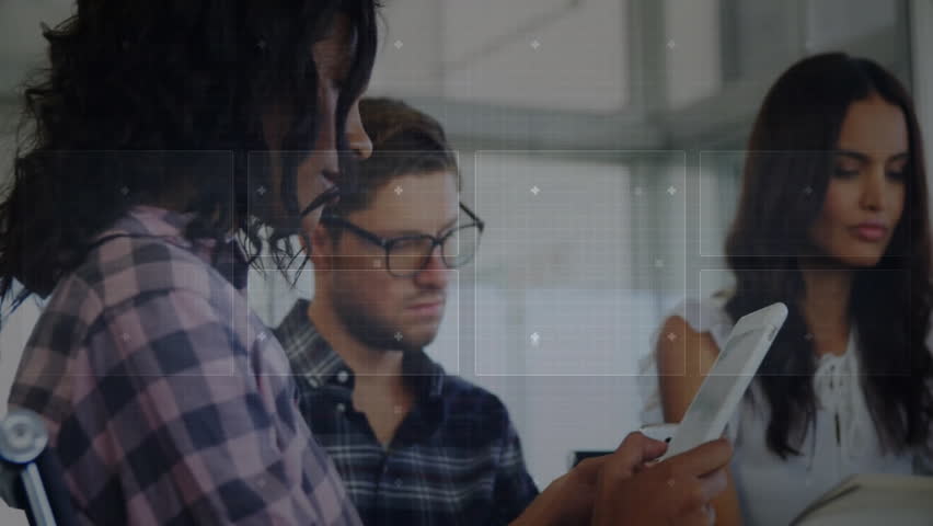 Diverse group working on devices with digital data processing animation overlay. Technology, teamwork, communication, innovation, collaboration, analytics - Powered by Shutterstock - Get 15% off with code: PIKWIZARD15