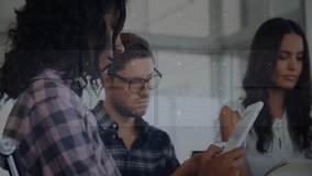 Diverse group working on devices with digital data processing animation overlay. Technology, teamwork, communication, innovation, collaboration, analytics - Powered by Shutterstock - Get 15% off with code: PIKWIZARD15