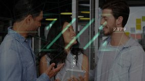 Discussing technology, diverse group in office with digital animation overlay. teamwork, collaboration, innovation, digital transformation, diversity, business - Powered by Shutterstock - Get 15% off with code: PIKWIZARD15