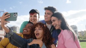 Group of friends smiling on mobile phone camera. Happy young people having fun on travel vacations. Youth community - Powered by Shutterstock - Get 15% off with code: PIKWIZARD15