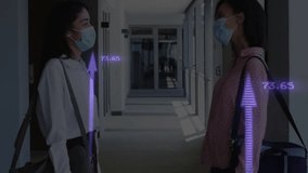 Wearing masks, two people in school greeting with animation data graphics overlay. Education, technology, digital, greetings, students, interaction - Powered by Shutterstock - Get 15% off with code: PIKWIZARD15