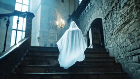 White ghost silhouette walks along corridors of old ancient gothic castle guarding house. Beautiful scary horror scene. Mystery cloak man. Creepy shadow. Spirit stroll indoor. Mysterious person. - Powered by Shutterstock - Get 15% off with code: PIKWIZARD15