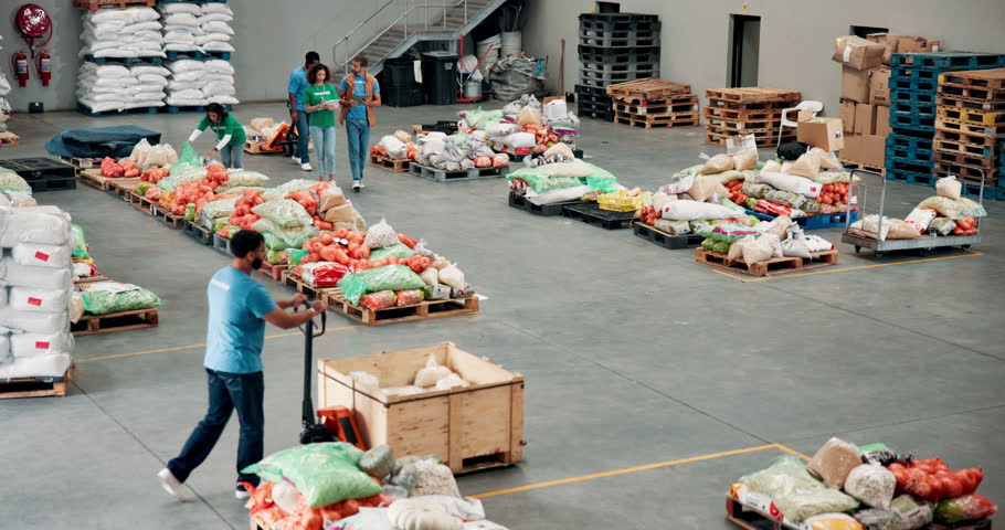 People, volunteering and food for distribution at warehouse, community charity and humanitarian crises. Staff, machine and grocery stock with courier services, homeless donation and parcel logistics
