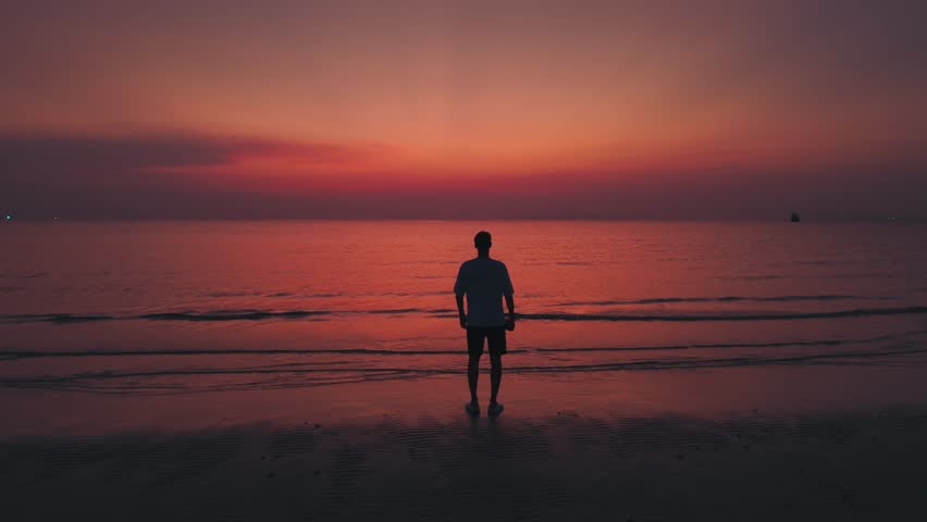 Back view of a man standing near the sea at sunset and looking into the distance. Cinematic shot of a man