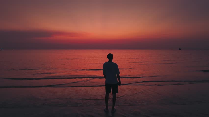 Back view of a man standing near the sea at sunset and looking into the distance. Cinematic shot of a man's silhouette against a beautiful sunset at sea. Romantic concept of loneliness