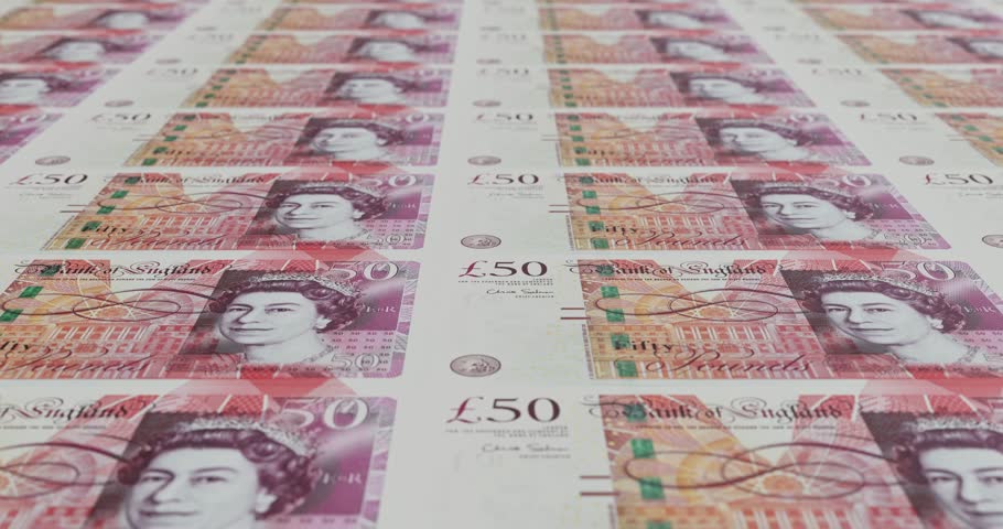 3d animation of printing 50 british pounds notes. Seamlessly loopable 4K 3d animation. Concept of financial operations and processes. 3D Illustration
