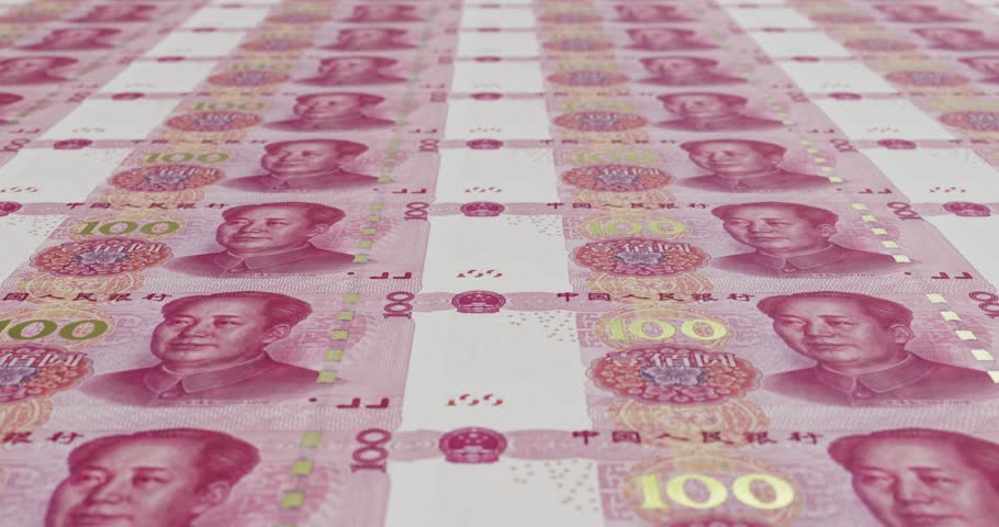 3d animation of printing 100 yuan notes. Seamlessly loopable 4K 3d animation. Concept of financial operations and processes. 3D Illustration