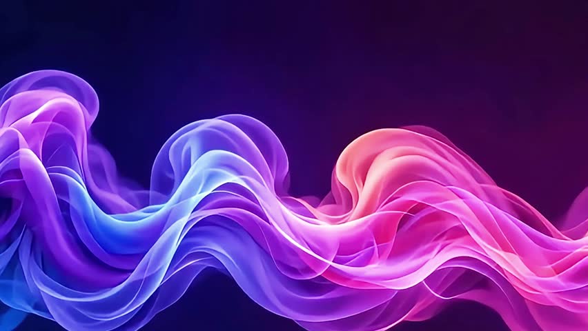 Abstract digital artwork of vibrant smoke waves on a black background. Smooth gradient from purple to blue to orange with a soft, futuristic glow.