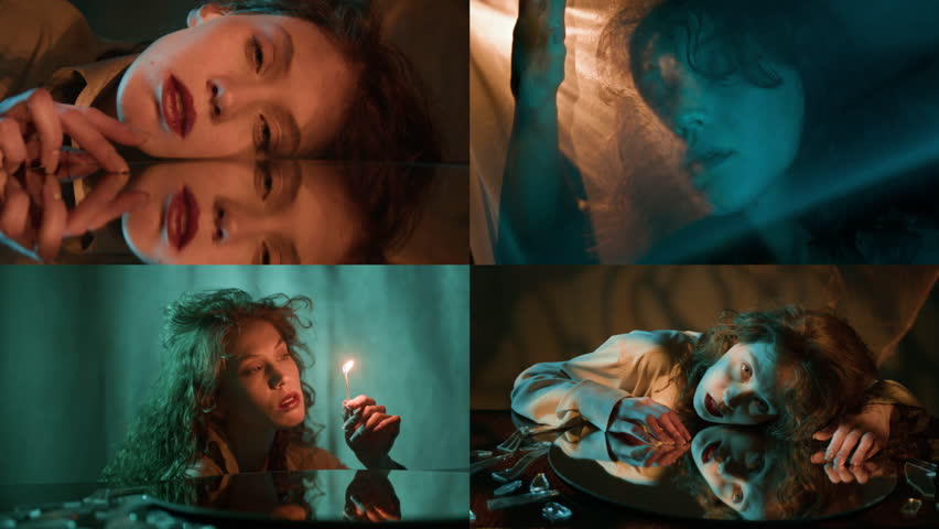 Split screen of Caucasian curly-haired girl looking at camera leaning on table with mirror and glass shards on it, touching transparent fabric when hiding under it, watching burning matchstick