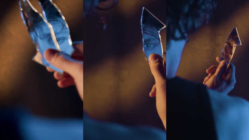 Split screen of mirror reflection of Caucasian curly-haired young man looking at camera angrily when holding glass shard