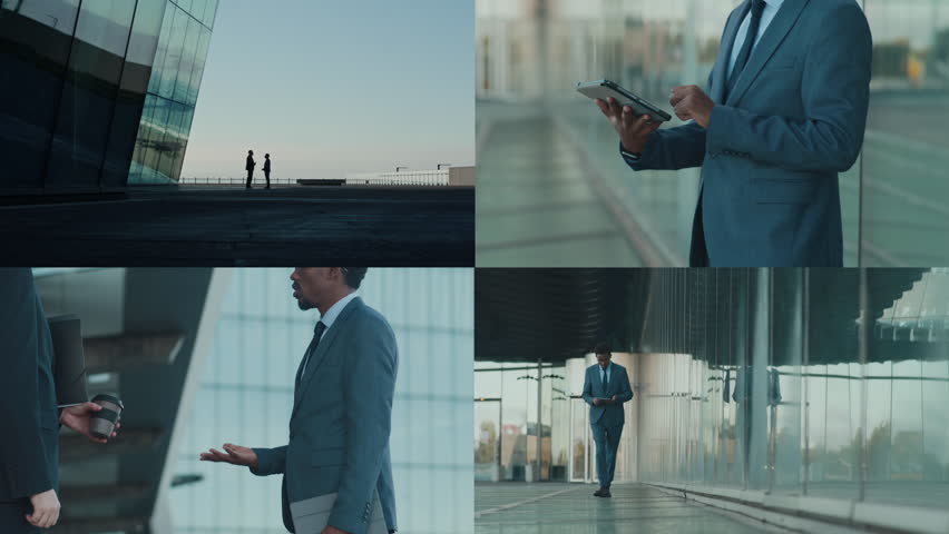 Split screen of African American male CEO in business suit using digital tablet for work and making deals with partner outdoors in down town