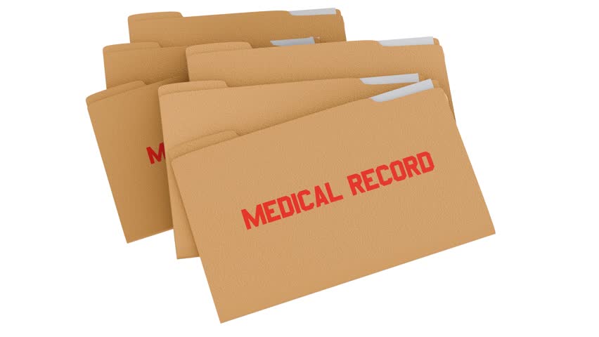 A 3d animation of medical record folder juxtaposed with medical syringe, representation of healthcare and medical documentation.