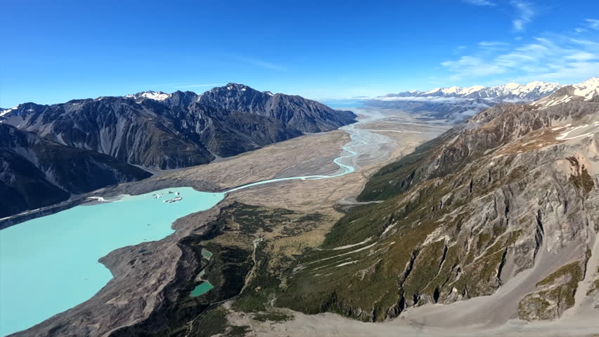 Flying over the Tasman lake towards Mount cook airport, Southern Alps New Zealand