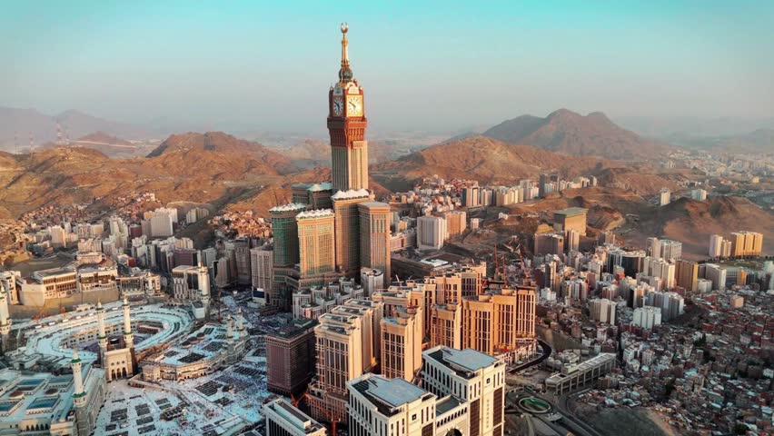 Aerial view Mecca skyline , Makkah city Saudi Arabia -  Makkah Clock Tower and hotels  - Masjid Al Haram 4k drone Video
