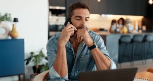 Remote work from home, serious and man with phone call, laptop and communication with debt. Family, person and guy with pc, smartphone or conversation with mistake, computer and chatting in lounge - Powered by Shutterstock - Get 15% off with code: PIKWIZARD15