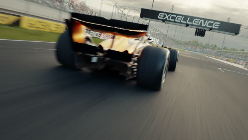 Dynamic high speed drone shot passing generic race cars racing along the homestretch over the finish line. 3d animation rendering. New 2025 black and gold race car design