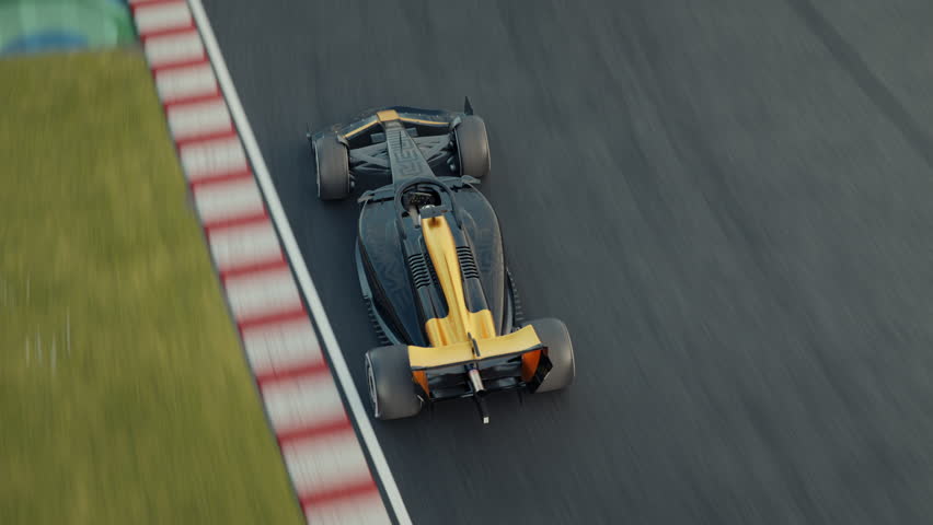 Camera orbits around a generic race car crossing the finish line. Dynamic drone shot. High to low angle front view camera. 3d animation rendering. New 2025 black and gold race car design