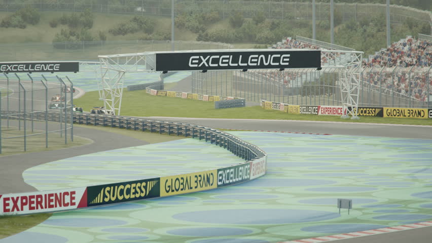 Camera zooms in and follows the leading race car driving around curve. Dynamic tracking shot. Multiple race cars. 3d animation rendering. New 2025 black and gold race car design