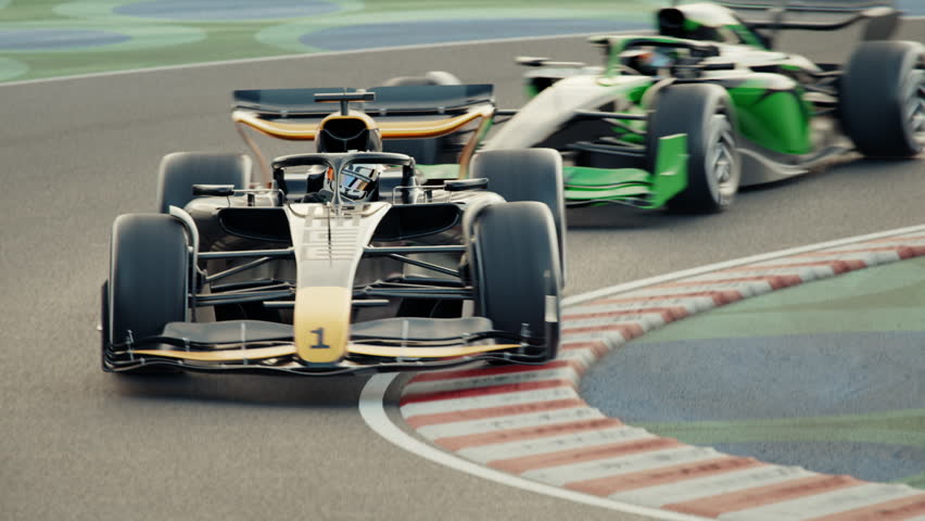 Camera zooms in and follows the leading race car driving around curve. Dynamic tracking shot. Multiple race cars. 3d animation rendering. New 2025 black and gold race car design