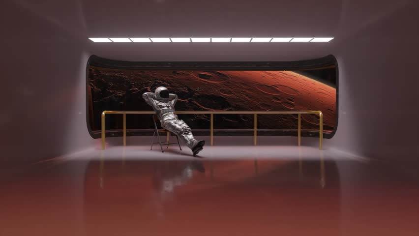 Astronaut enjoys a moment of peace, sitting on a chair and gazing at the breathtaking view of mars through a large window inside a spaceship. 3D Illustration