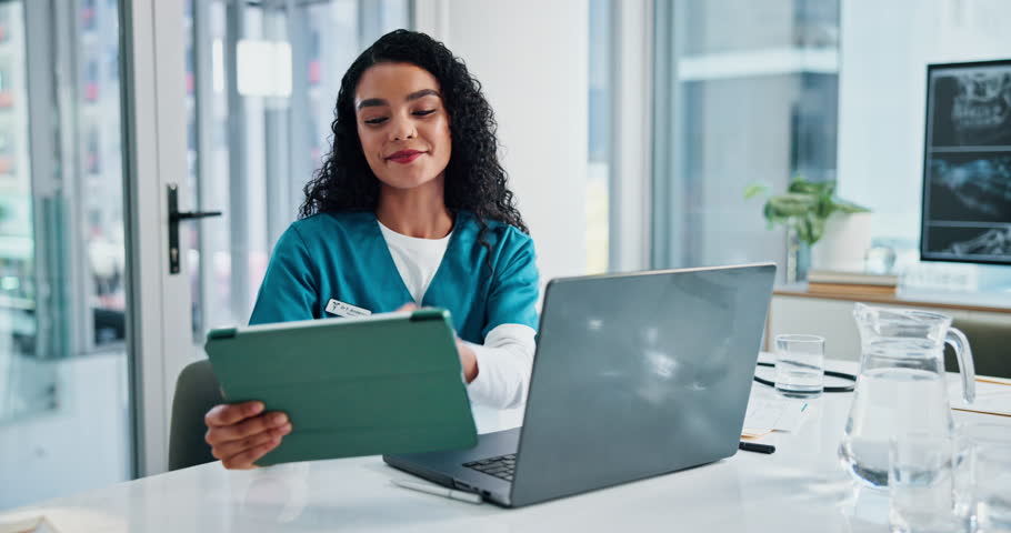 Laptop, woman and doctor with tablet at hospital with surgery, treatment or diagnosis plan. Digital technology, computer and professional female healthcare worker with online medical report in clinic