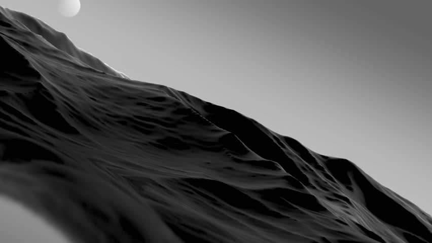 Gloomy landscape of a rocky, rocky island with the moon. Mountain island on the horizon of overcast sky,animation.3D render