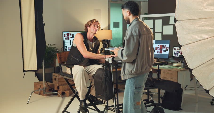 Photography, high five and teamwork with men in studio for production success, creative director and editor. Achievement, branding campaign and backstage support with people on set for catalog
