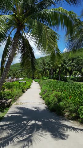 A breathtaking aerial view of a luxury beachfront resort featuring an infinity pool, hammocks, and tropical palm trees. Guests are seen enjoying a relaxing vacation with scenic ocean and mountain view