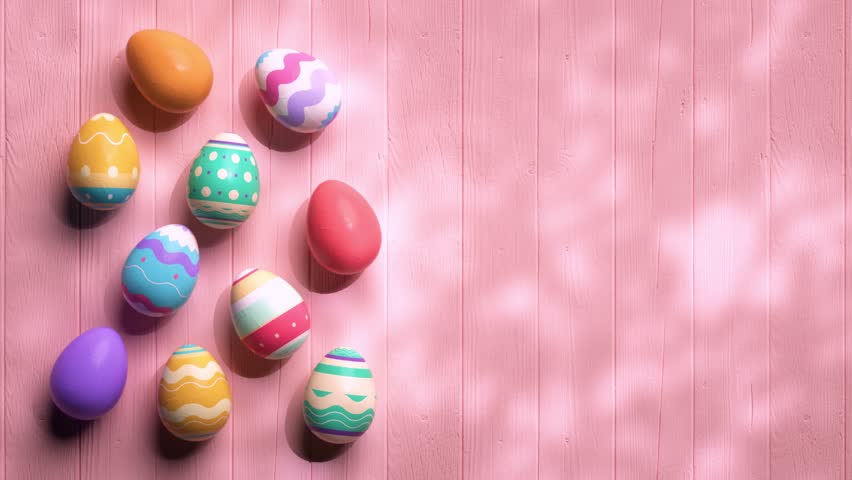 Looping video of painted easter eggs on a wooden pink table animated in stop motion style. Happy Easter video background template in pastel colors and copy space 3D animation