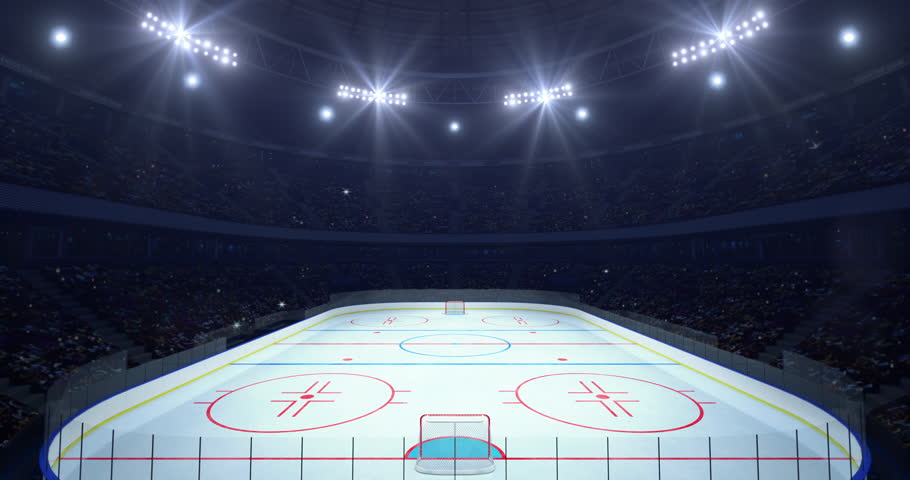 Spectacular ice hockey rink ready for match in a sports hall full of spectators, professional ice hockey 4k animation as endless loop background.