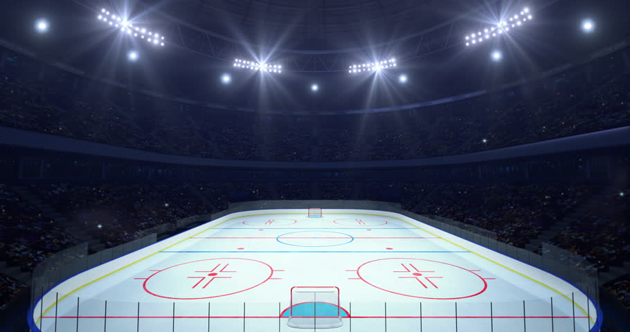 Spectacular ice hockey rink ready for match in a sports hall full of spectators, professional ice hockey 4k animation as endless loop background.