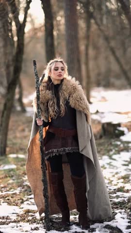 Video of Beautiful blonde girl with hairstyle in fur medieval dress  posing in  winter sunny forest. Fairy tale story about warrior . Warm art work.