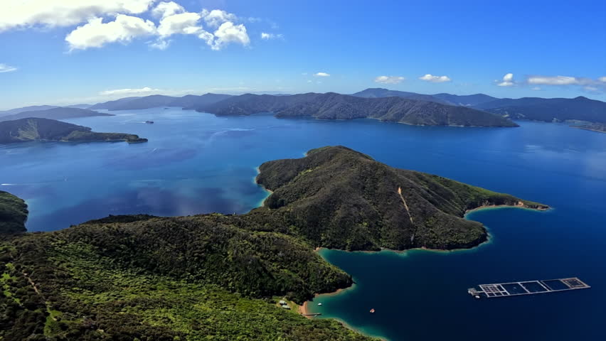 Aerial shot flying over the Marlborough sounds towards the interislander Ferry, New Zealand