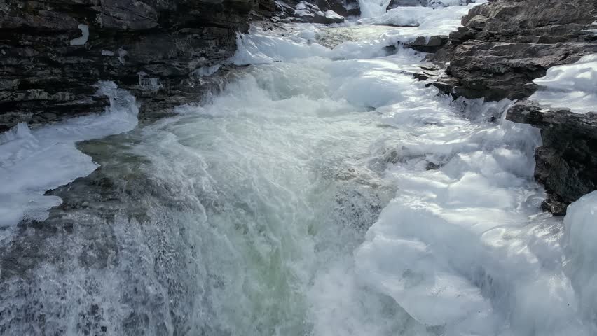 Rauma River Rapids – Stunning Ice and Rocks Formations, Aerial View