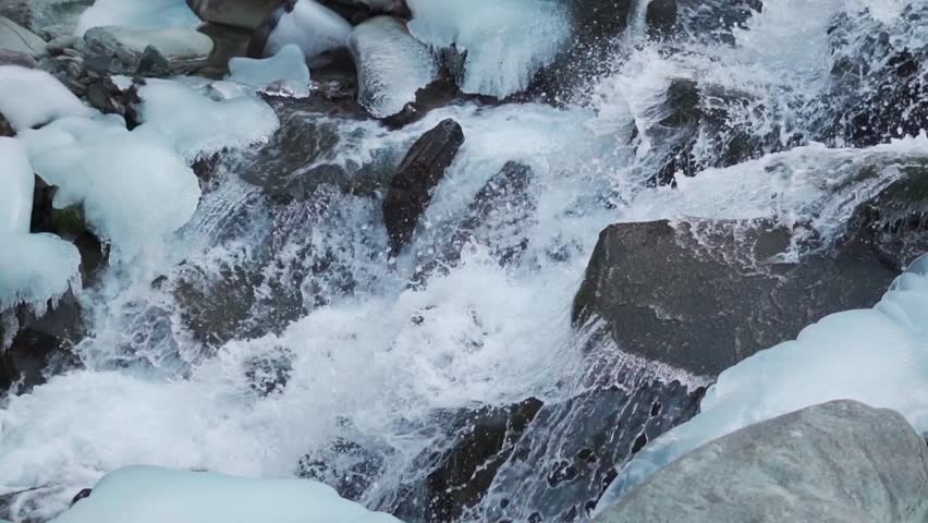 Slow motion shot of a water stream flowing besides the mountain peak with snow on sides during the winter season as seen from Chandanwari near Pahalgam in Jammu and Kashmir, India. Natural background.
