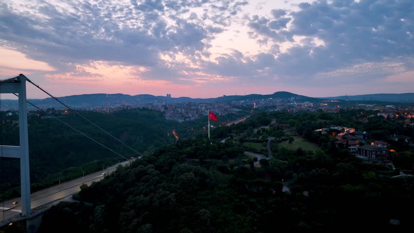 Istanbul Fatih Sultan Mehmet Bridge Sunset Night Aerial View Drone Shooting - İstanbul FSM Köprüsü Gece Günbatımı Havadan Görüntüleme