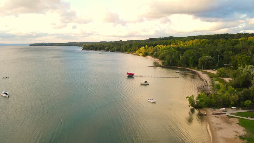 Northport town beach near Lake Michigan, aerial drone view