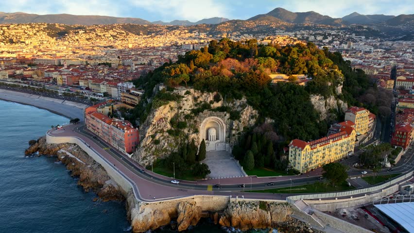 drone shot of Nice, resort on French Riviera, Cote d Azur tourism, south of France, aerial view of Nice castle and port of Nice