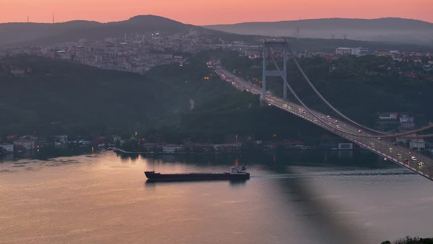 Istanbul Fatih Sultan Mehmet Bridge Sunset Night Aerial View Drone Shooting - İstanbul FSM Köprüsü Gece Günbatımı Havadan Görüntüleme