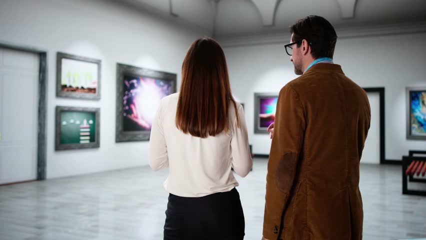 Fine Art Gallery Auction. Museum Manager Worker And Artist Talking