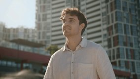 Caucasian young man walking going street successful handsome confident entrepreneur male guy businessman business city outdoors student smiling cheerful motion happy employer stepping looking around - Powered by Shutterstock - Get 15% off with code: PIKWIZARD15