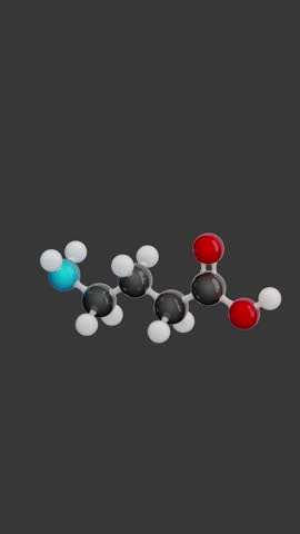 Molecule of Gamma-Aminobutyric Acid (GABA). Animated chemical 3D Model: Ball and stick. Molecular Formula: C4H9NO2. Gray background. Seamless loop. Vertical screen. 3D rendering.