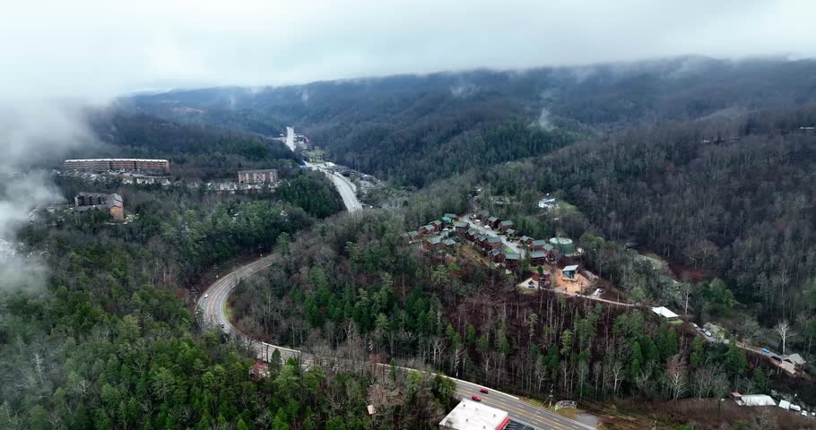 Drone view of smoky mountains in Gatlinburg, Tennessee