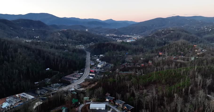 Drone view of Gatlinburg, Tennessee at sunrise