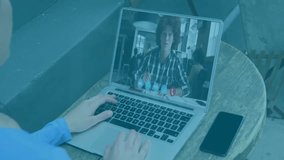 Using animation on laptop, person in school video call with digital overlay. Technology, virtual, online learning, distant education, meeting, communication - Powered by Shutterstock - Get 15% off with code: PIKWIZARD15