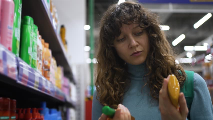 Young woman comparing two different hygiene products, reading labels and making decision in cosmetics and hygiene department of supermarket